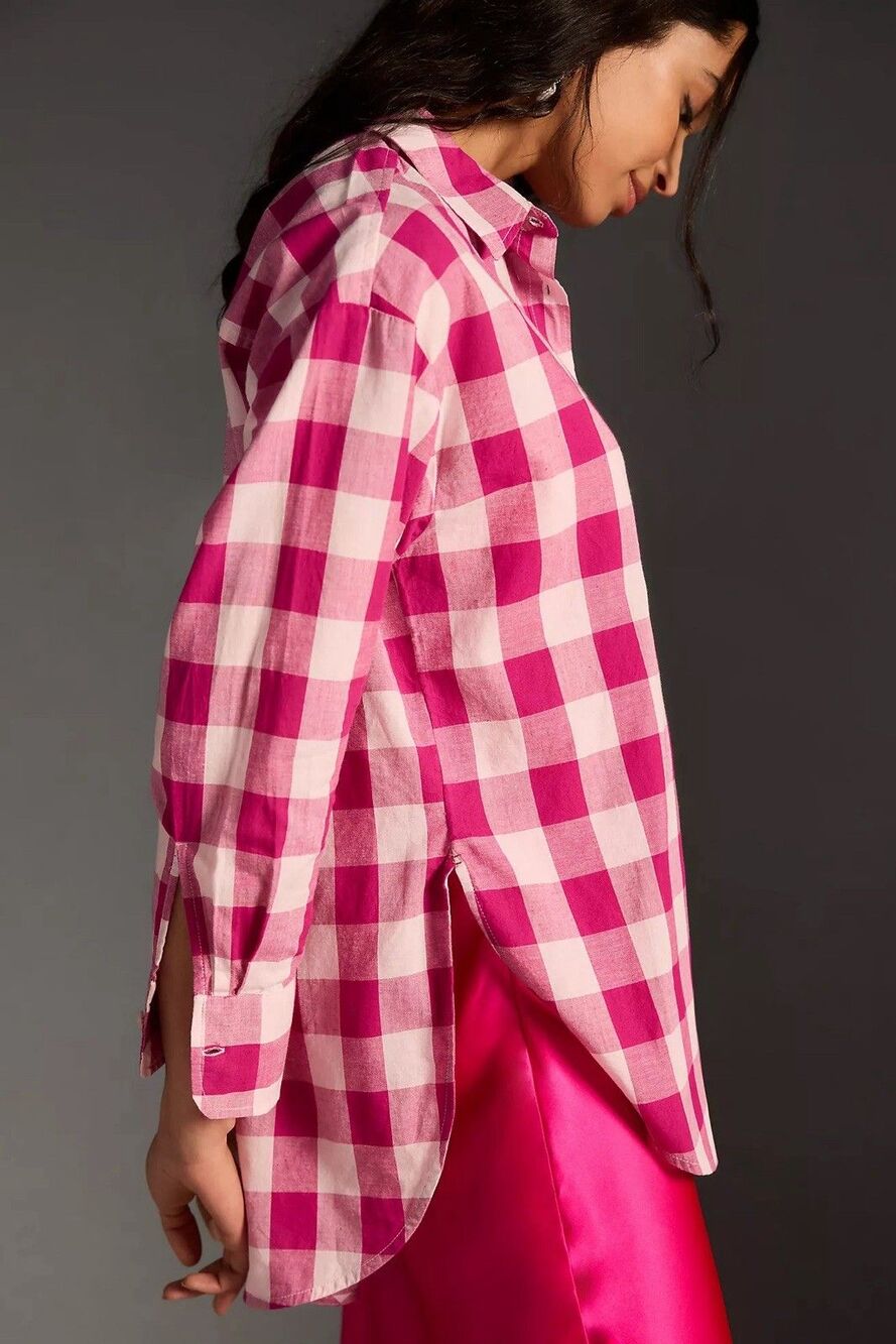 Anthropologie Maeve Bennet Shirt Womens L Pink Gingham Button Down Boho